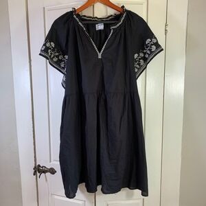 Old Navy Black Embroidered Boho Midi‎ Dress XL NWT Cotton Lined V-Neck Pockets